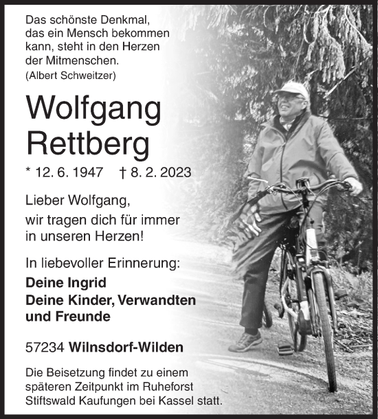 Traueranzeige von Wolfgang Rettberg von Siegener Zeitung