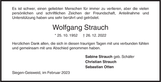 Traueranzeige von Wolfgang Strauch von Siegener Zeitung