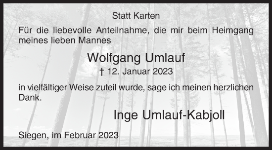 Traueranzeige von Wolfgang Umlauf von Siegener Zeitung