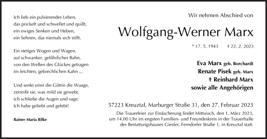 Traueranzeige von Wolfgang-Werner Marx von Siegener Zeitung