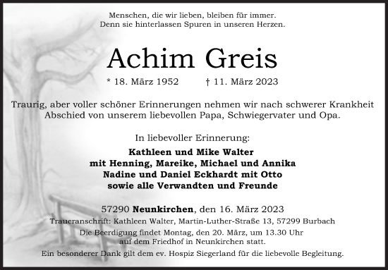 Traueranzeige von Achim Greis von Siegener Zeitung