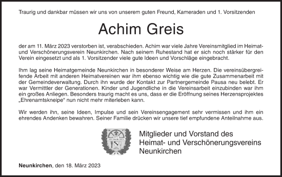 Traueranzeige von Achim Greis von Siegener Zeitung