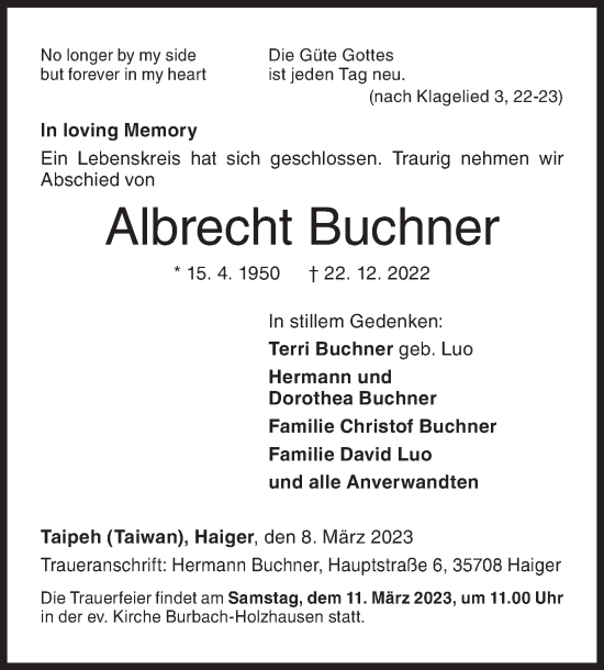 Traueranzeige von Albrecht Buchner von Siegener Zeitung