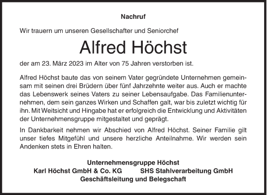 Traueranzeige von Alfred Höchst von Siegener Zeitung