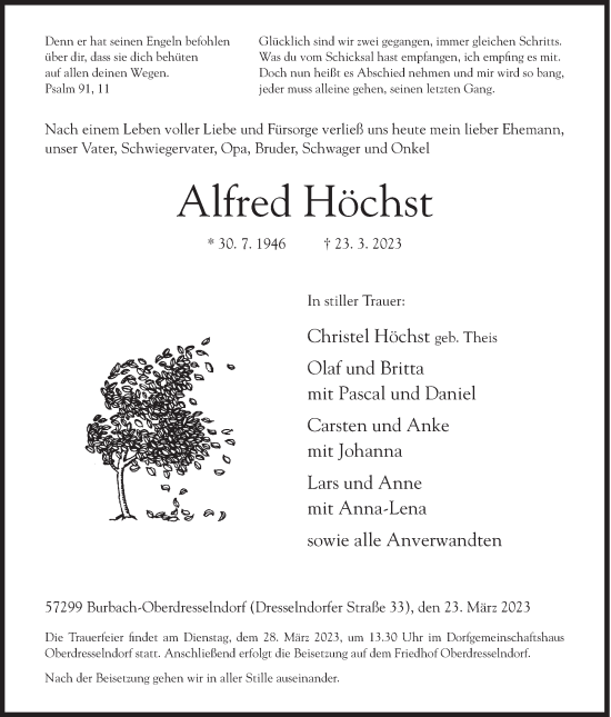 Traueranzeige von Alfred Höchst von Siegener Zeitung