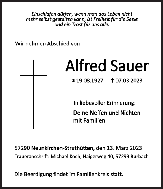 Traueranzeige von Alfred Sauer von Siegener Zeitung