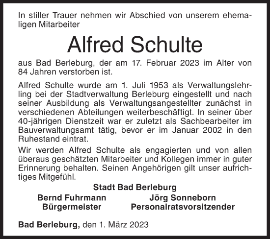 Traueranzeige von Alfred Schulte von Siegener Zeitung