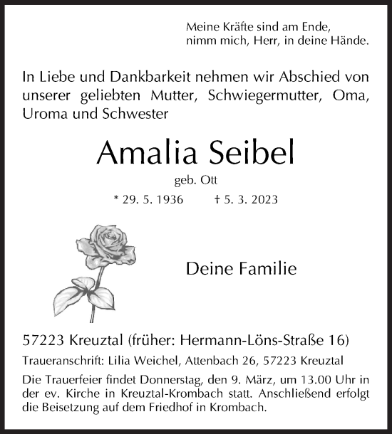 Traueranzeige von Amalia Seibel von Siegener Zeitung