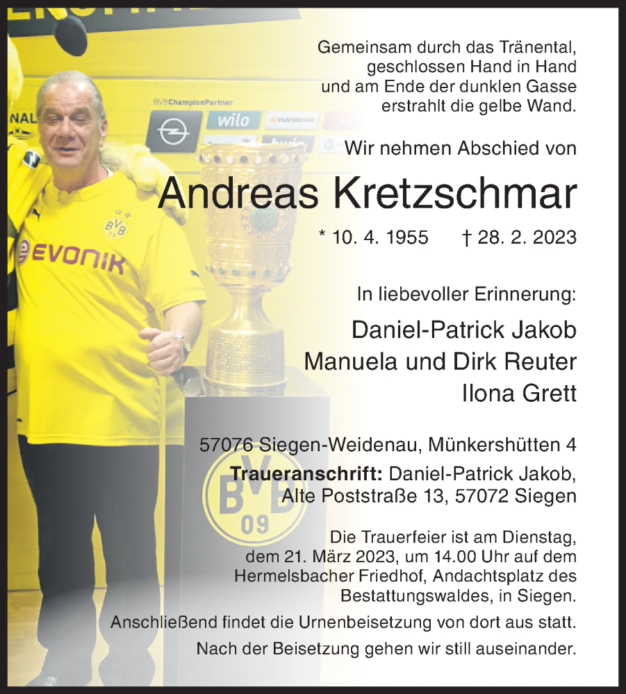 Traueranzeige für Andreas Kretzschmar vom 18.03.2023 aus Siegener Zeitung