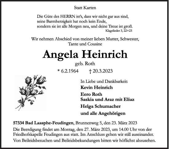 Traueranzeige von Angela Heinrich von Siegener Zeitung