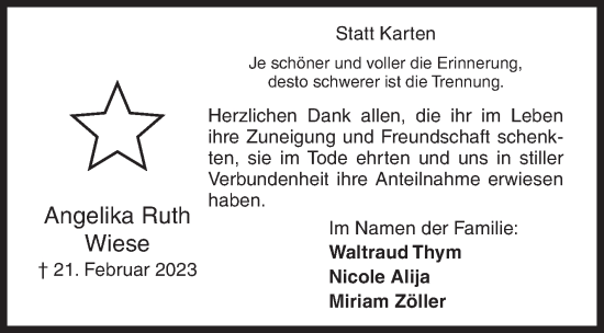 Traueranzeige von Angelika Ruth Wiese von Siegener Zeitung