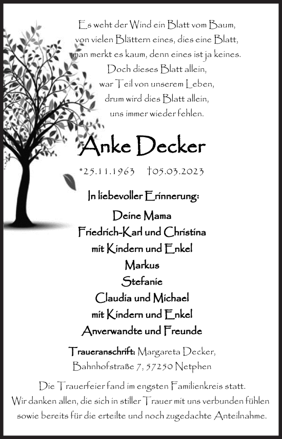 Traueranzeige von Anke Decker von Siegener Zeitung