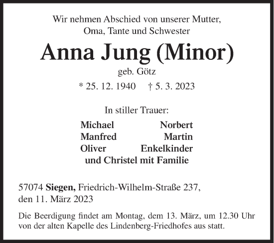 Traueranzeige von Anna Jung von Siegener Zeitung
