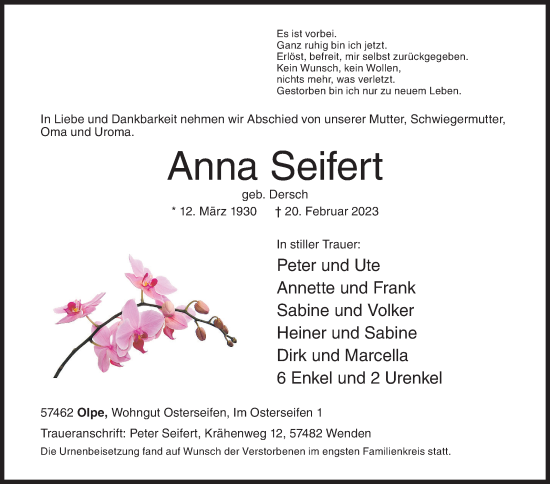 Traueranzeige von Anna Seifert von Siegener Zeitung