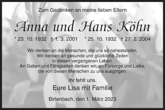 Traueranzeige von Anna und Hans Köhn von Siegener Zeitung