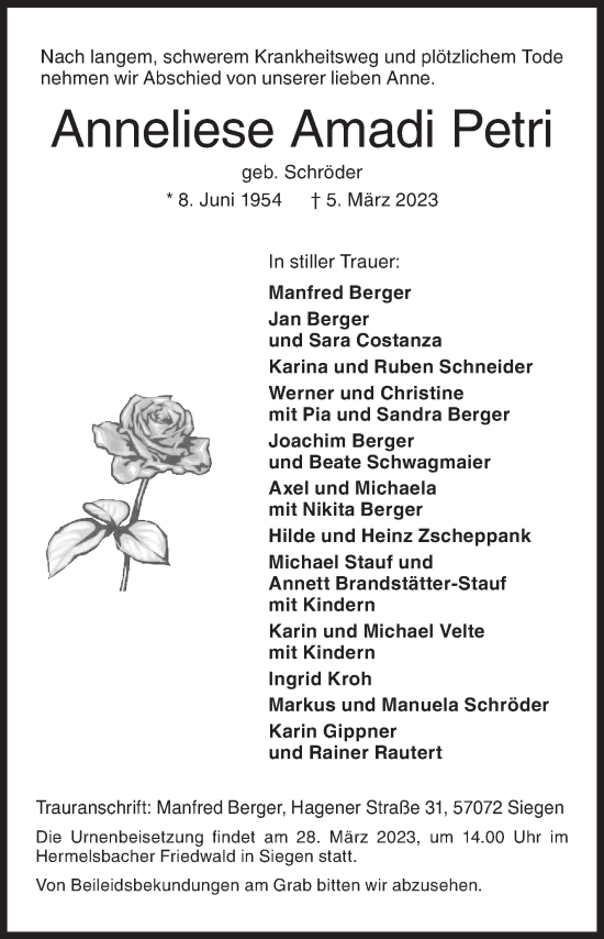Traueranzeige von Anneliese Amadi Petri von Siegener Zeitung