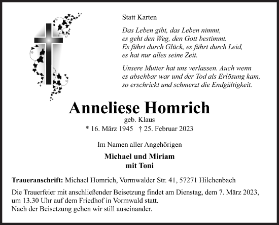 Traueranzeige von Anneliese Homrich von Siegener Zeitung
