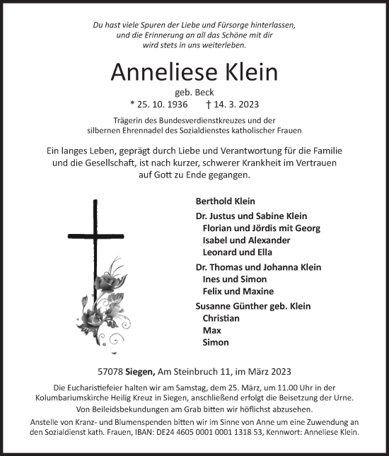 Traueranzeige von Anneliese Klein von Siegener Zeitung