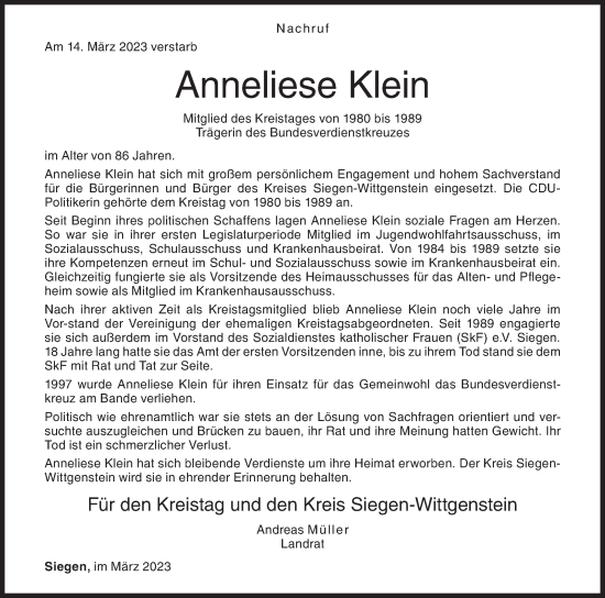 Traueranzeige von Anneliese Klein von Siegener Zeitung
