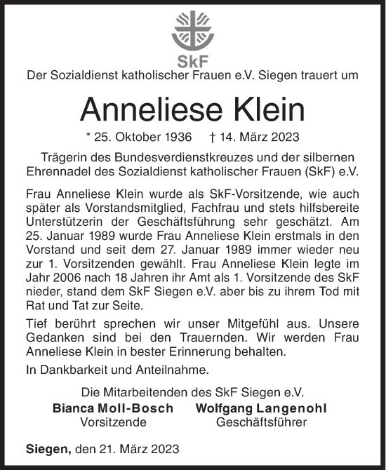 Traueranzeige von Anneliese Klein von Siegener Zeitung