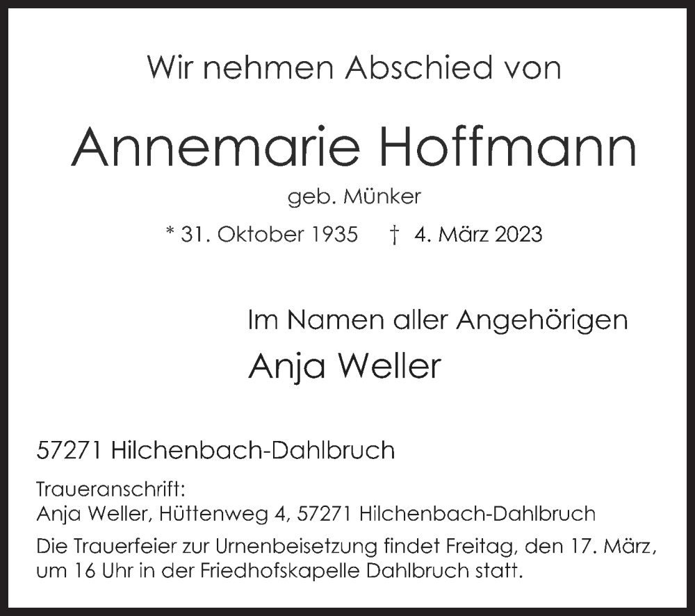 Traueranzeige für Annemarie Hoffmann vom 14.03.2023 aus Siegener Zeitung
