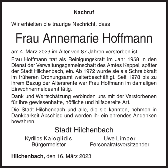 Traueranzeige von Annemarie Hoffmann von Siegener Zeitung