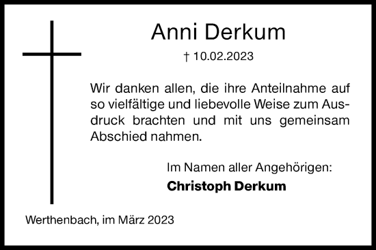 Traueranzeige von Anni Derkum von Siegener Zeitung