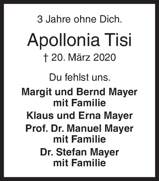 Traueranzeige von Apollonia Tisi von Siegener Zeitung