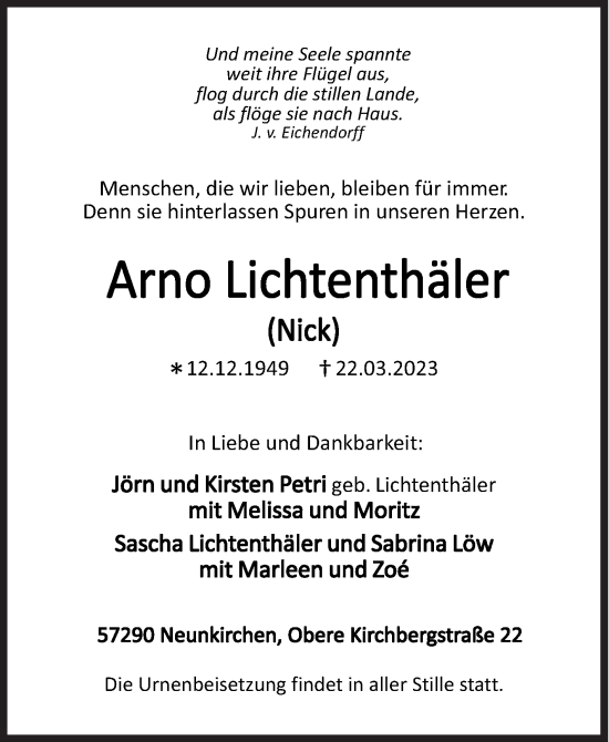 Traueranzeige von Arno Lichtenthäler von Siegener Zeitung