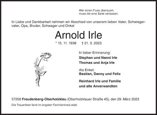 Traueranzeige von Arnold Irle von Siegener Zeitung