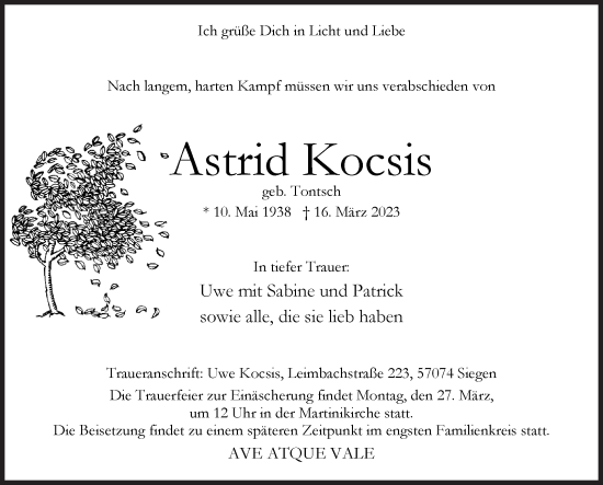 Traueranzeige von Astrid Kocsis von Siegener Zeitung