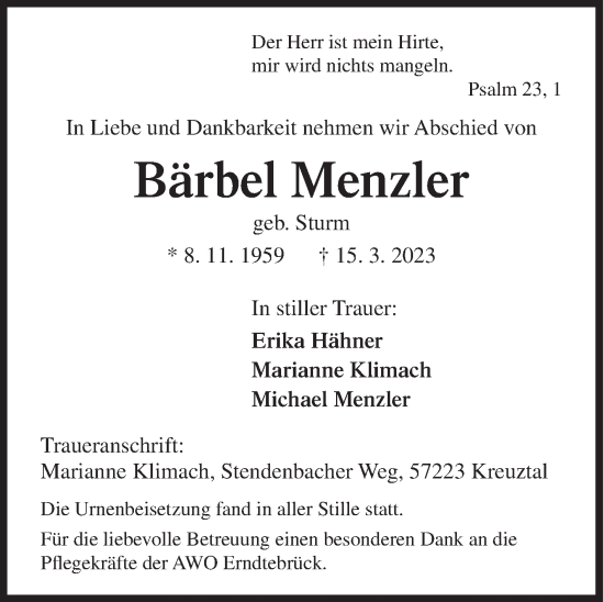 Traueranzeige von Bärbel Menzler von Siegener Zeitung