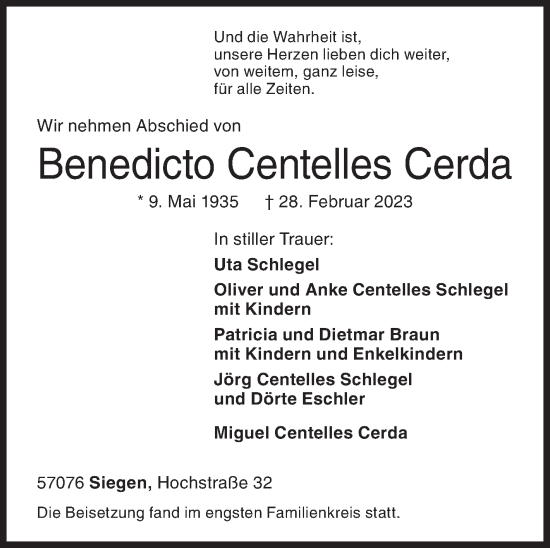 Traueranzeige von Benedicto Centelles Cerda von Siegener Zeitung