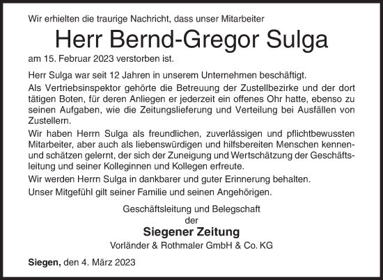 Traueranzeige von Bernd-Gregor Sulga von Siegener Zeitung