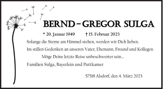 Traueranzeige von Bernd-Gregor Sulga von Siegener Zeitung