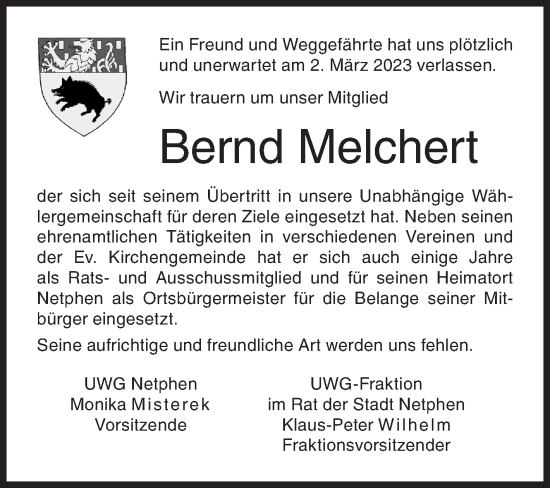 Traueranzeige von Bernd Melchert von Siegener Zeitung