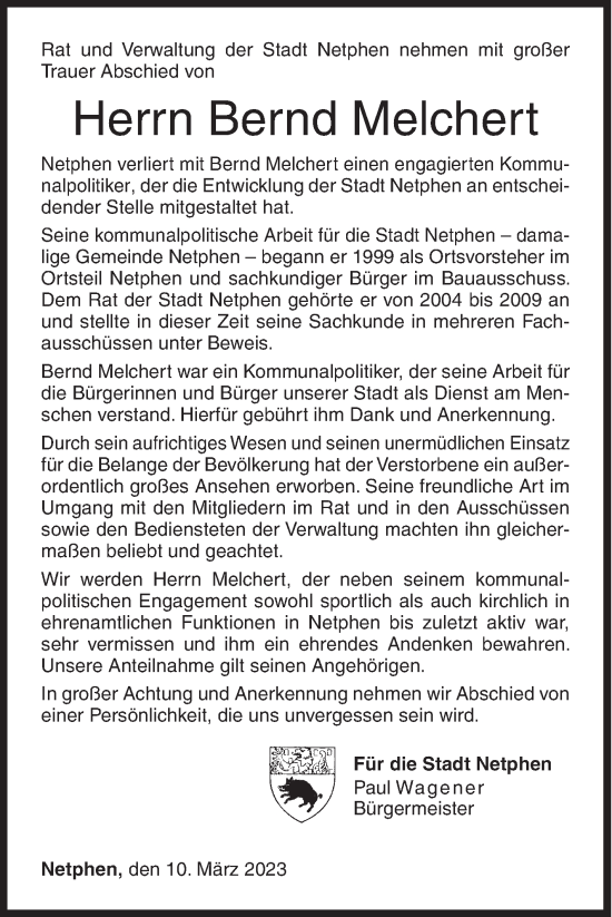 Traueranzeige von Bernd Melchert von Siegener Zeitung