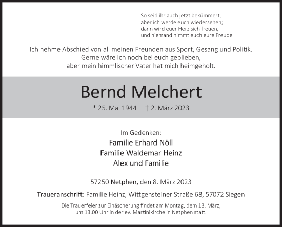 Traueranzeige von Bernd Melchert von Siegener Zeitung