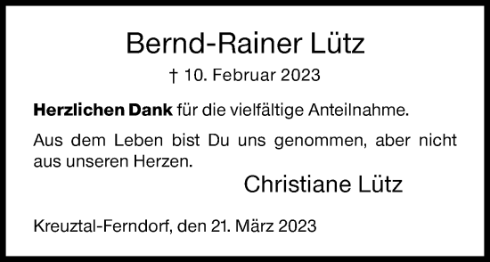 Traueranzeige von Bernd-Rainer Lütz von Siegener Zeitung