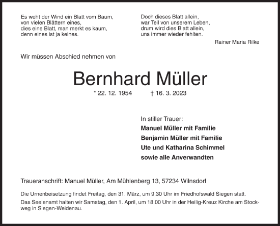 Traueranzeige von Bernhard Müller von Siegener Zeitung