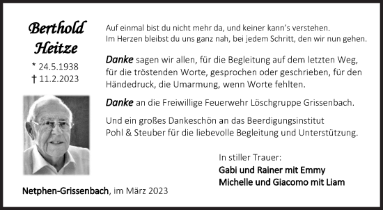 Traueranzeige von Berthold Heitze von Siegener Zeitung