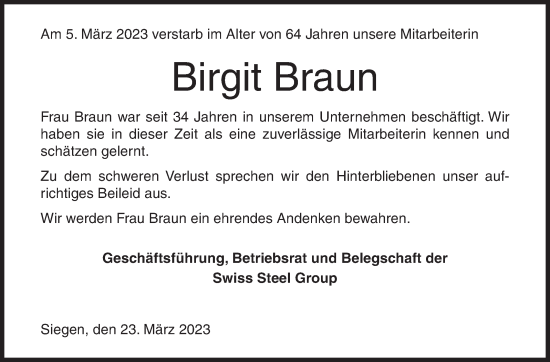 Traueranzeige von Birgit Braun von Siegener Zeitung