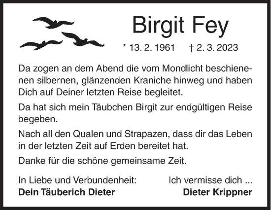 Traueranzeige von Birgit Fey von Siegener Zeitung
