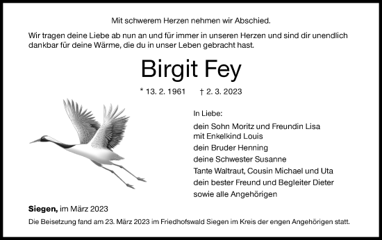 Traueranzeige von Birgit Fey von Siegener Zeitung