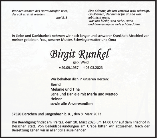Traueranzeige von Birgit Runkel von Siegener Zeitung