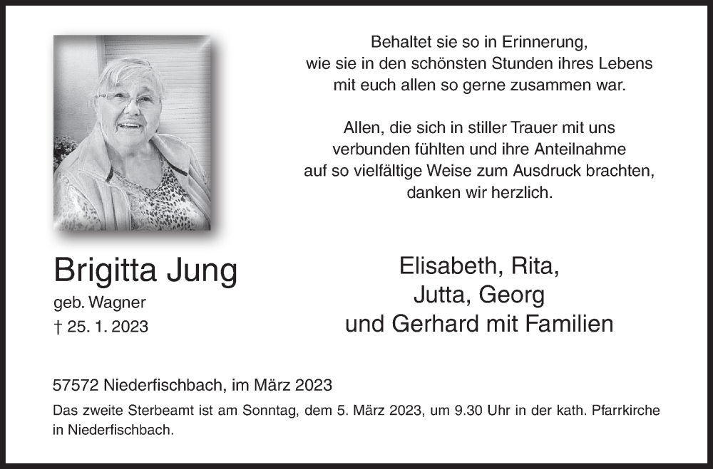  Traueranzeige für Brigitta Jung vom 01.03.2023 aus Siegener Zeitung