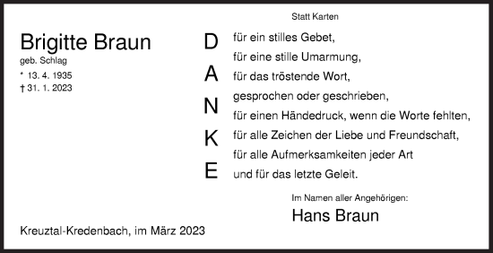 Traueranzeige von Brigitte Braun von Siegener Zeitung