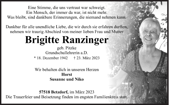 Traueranzeige von Brigitte Ranzinger von Siegener Zeitung