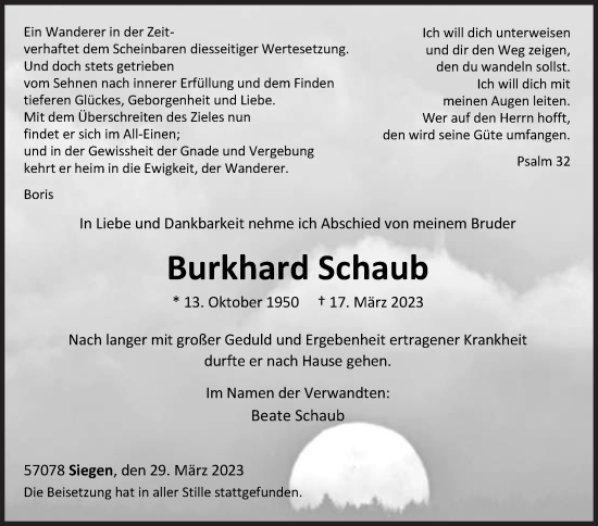 Traueranzeige von Burkhard Schaub von Siegener Zeitung