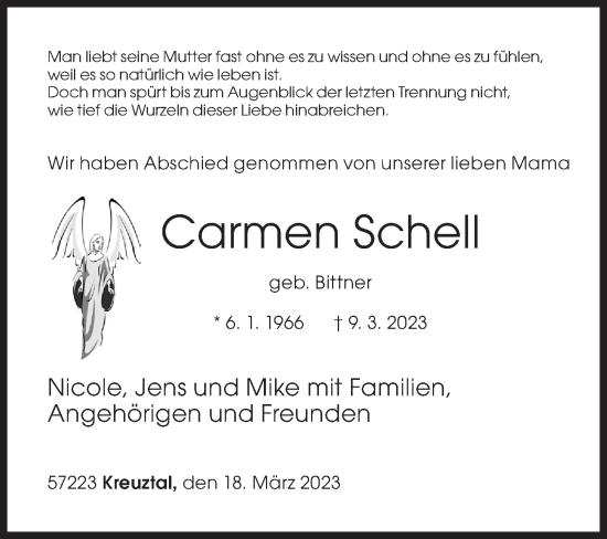 Traueranzeige von Carmen Schell von Siegener Zeitung